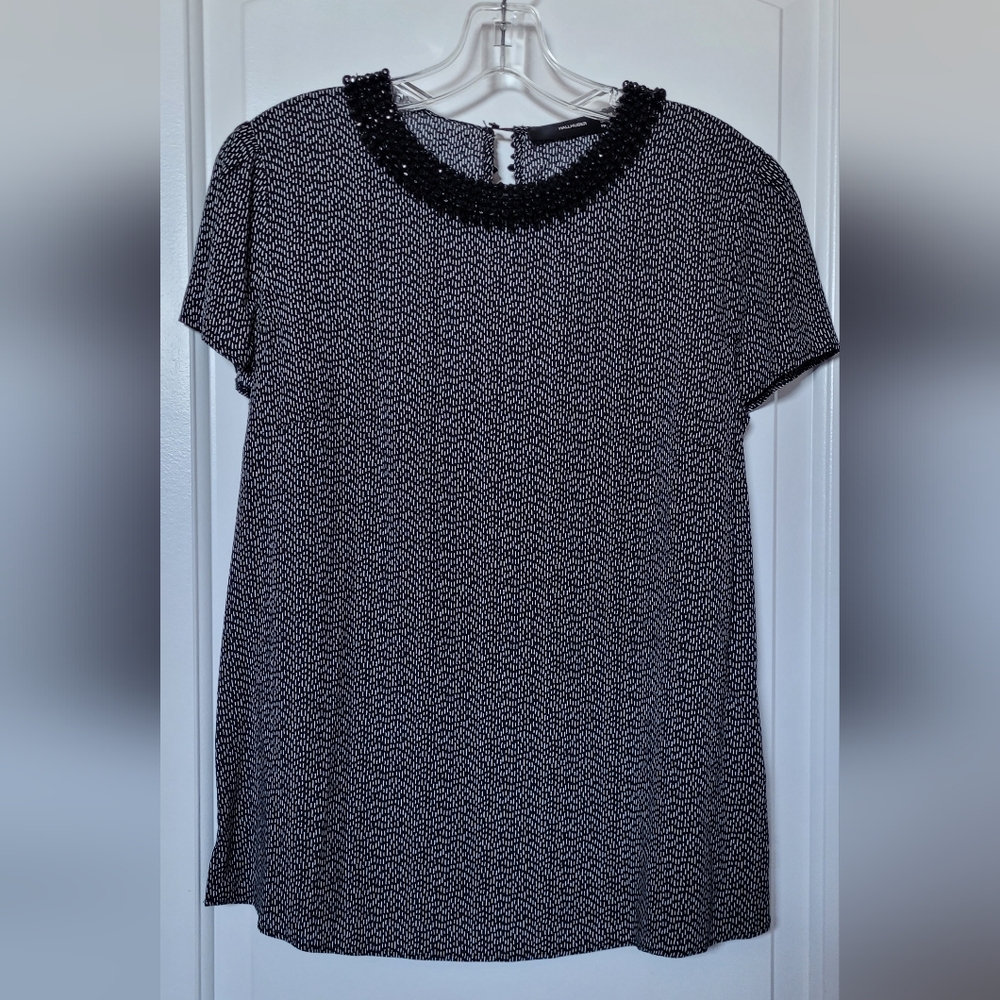 Hallhuber Black and White Patterned Top With Beaded Black Beaded Collar
